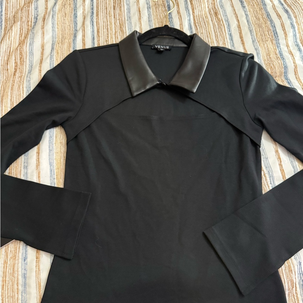 BNWOT! 98 retail! VENUS Black Top with Faux Leather Detail